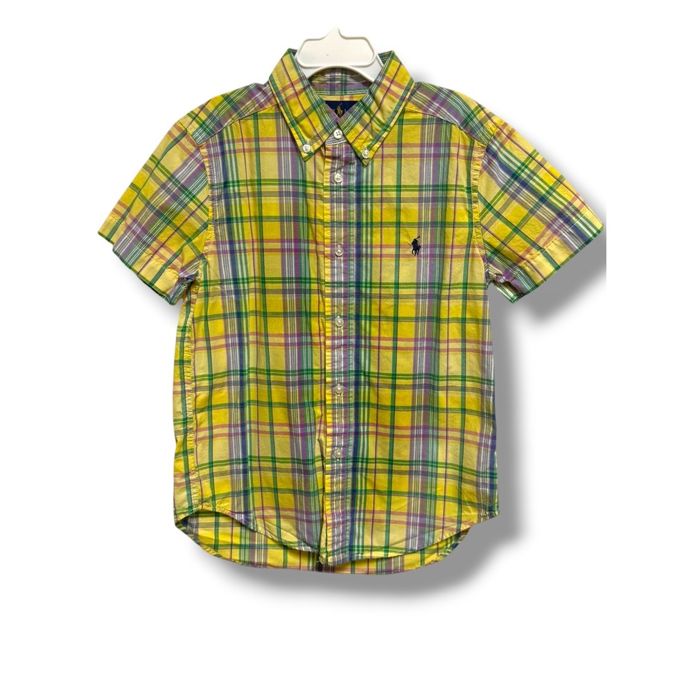 Ralph Lauren Boys Madras Plaid Shirt Yellow Green Short Sleeve Button Down Sz 6